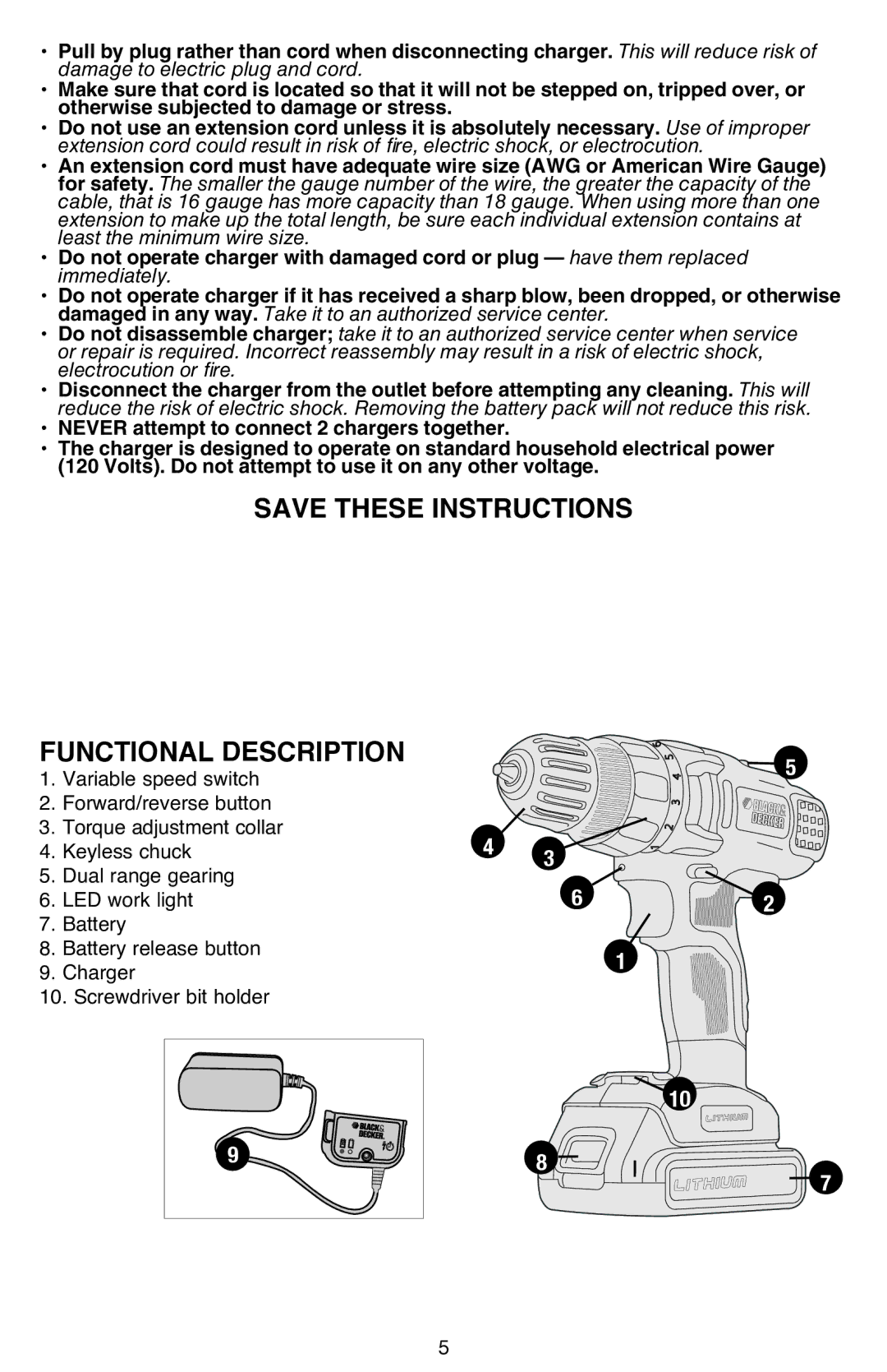 Black & Decker LDX220SBFCR instruction manual Functional Description 